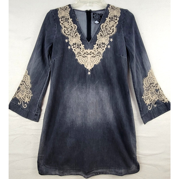 Johnny Was Jade Neema Tunic Dress Size XS Gray Embroidered Boho Lace Applique - Picture 1 of 10